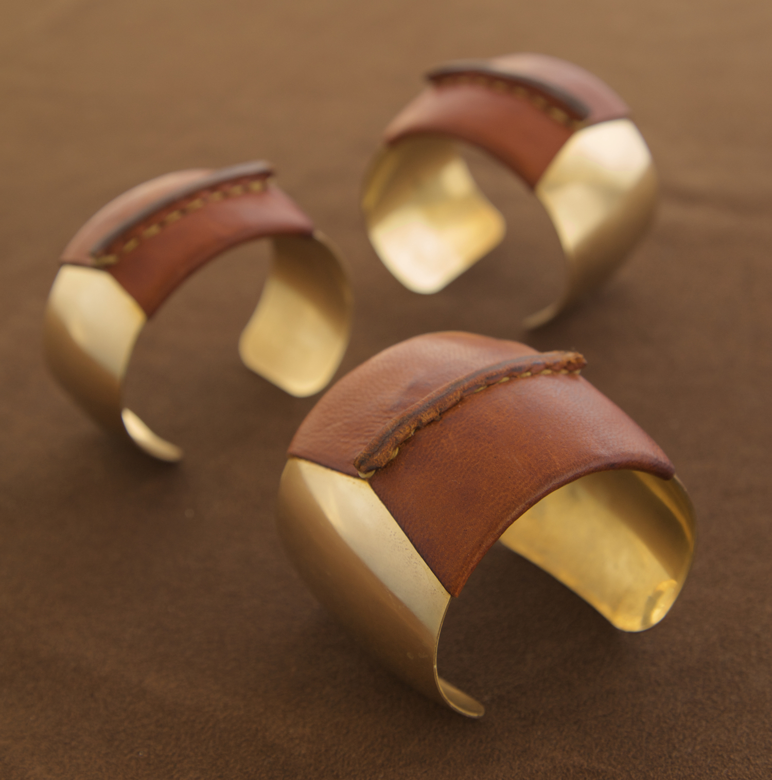 Brass Domed Cuffs with Brown Leather