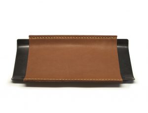 leather wrapped brass desk tray with dark patina finish