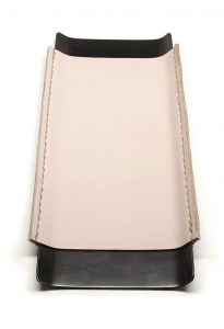 pink leather wrapped brass desk tray with dark patina finish