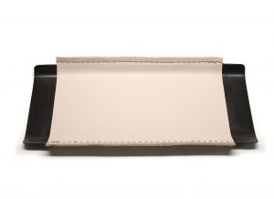 pink leather wrapped brass desk tray with dark patina finish