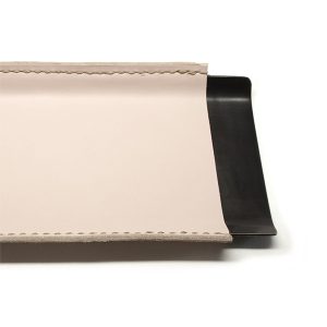 pink leather wrapped brass desk tray with dark patina finish