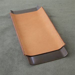 leather wrapped brass desk tray with dark patina finish